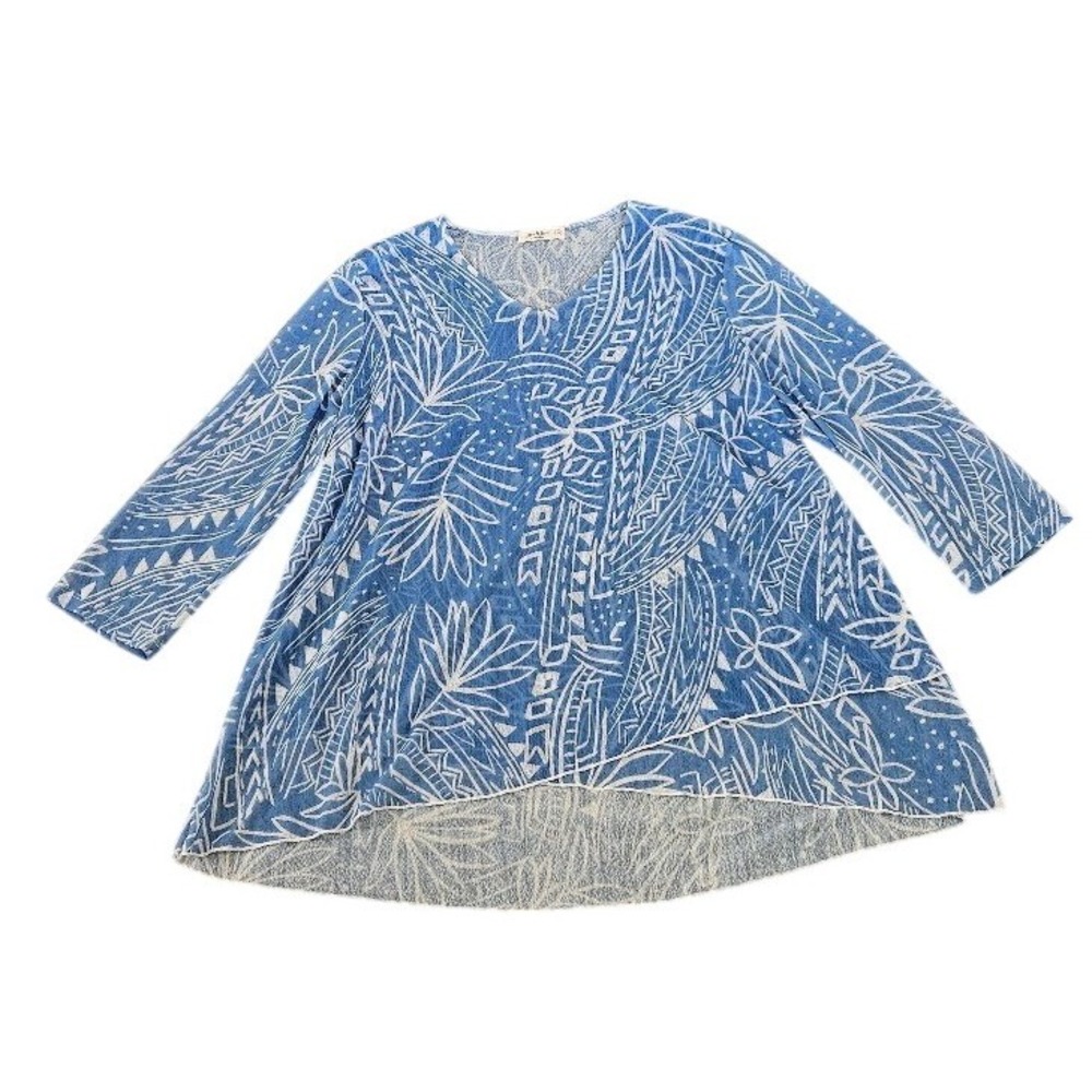 Jess & Jane Tropic Blue White Tropical Sheer Tunic V-Neck Top Women XL Artsy